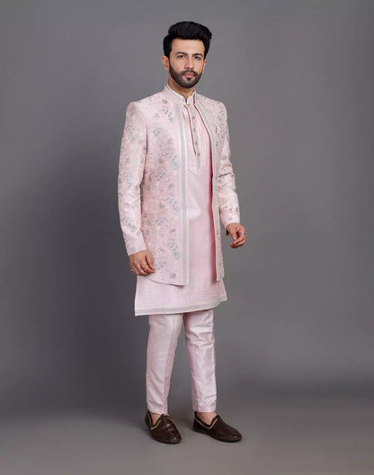 Lilac Coloured Raw Silk Multi Thread Embroidery Work Indo Open Jacket Style