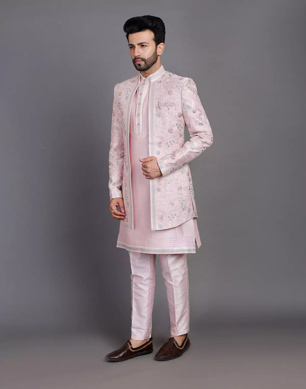 Lilac Coloured Raw Silk Multi Thread Embroidery Work Indo Open Jacket Style