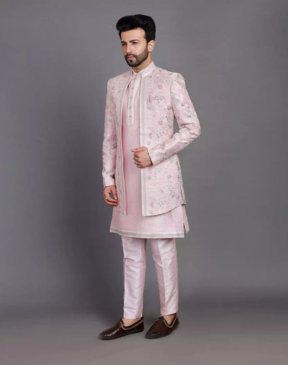 Lilac Coloured Raw Silk Multi Thread Embroidery Work Indo Open Jacket Style