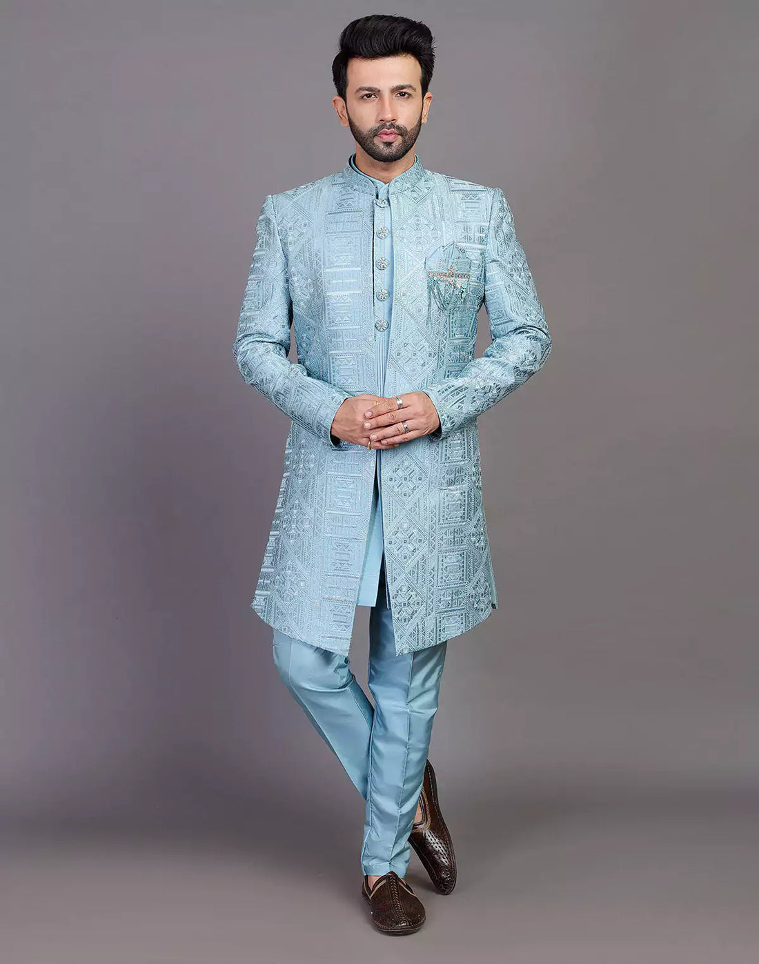 Raw Silk All Over Floral Thread Work Sky Blue Indo Open Style