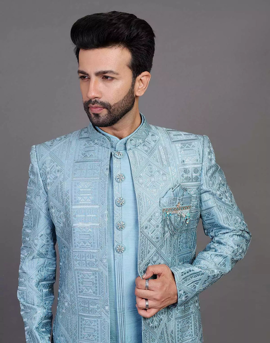 Raw Silk All Over Floral Thread Work Sky Blue Indo Open Style