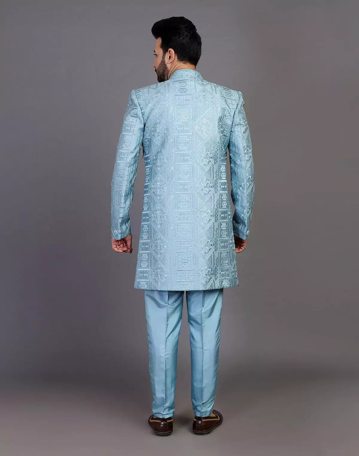Raw Silk All Over Floral Thread Work Sky Blue Indo Open Style