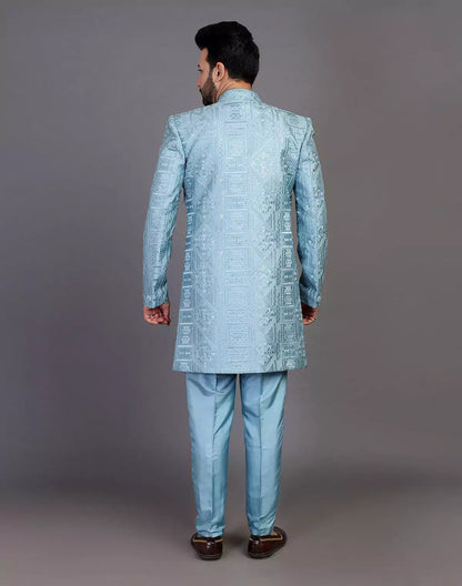 Raw Silk All Over Floral Thread Work Sky Blue Indo Open Style