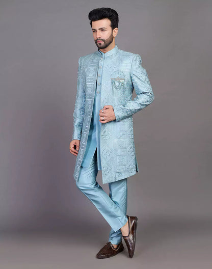 Raw Silk All Over Floral Thread Work Sky Blue Indo Open Style