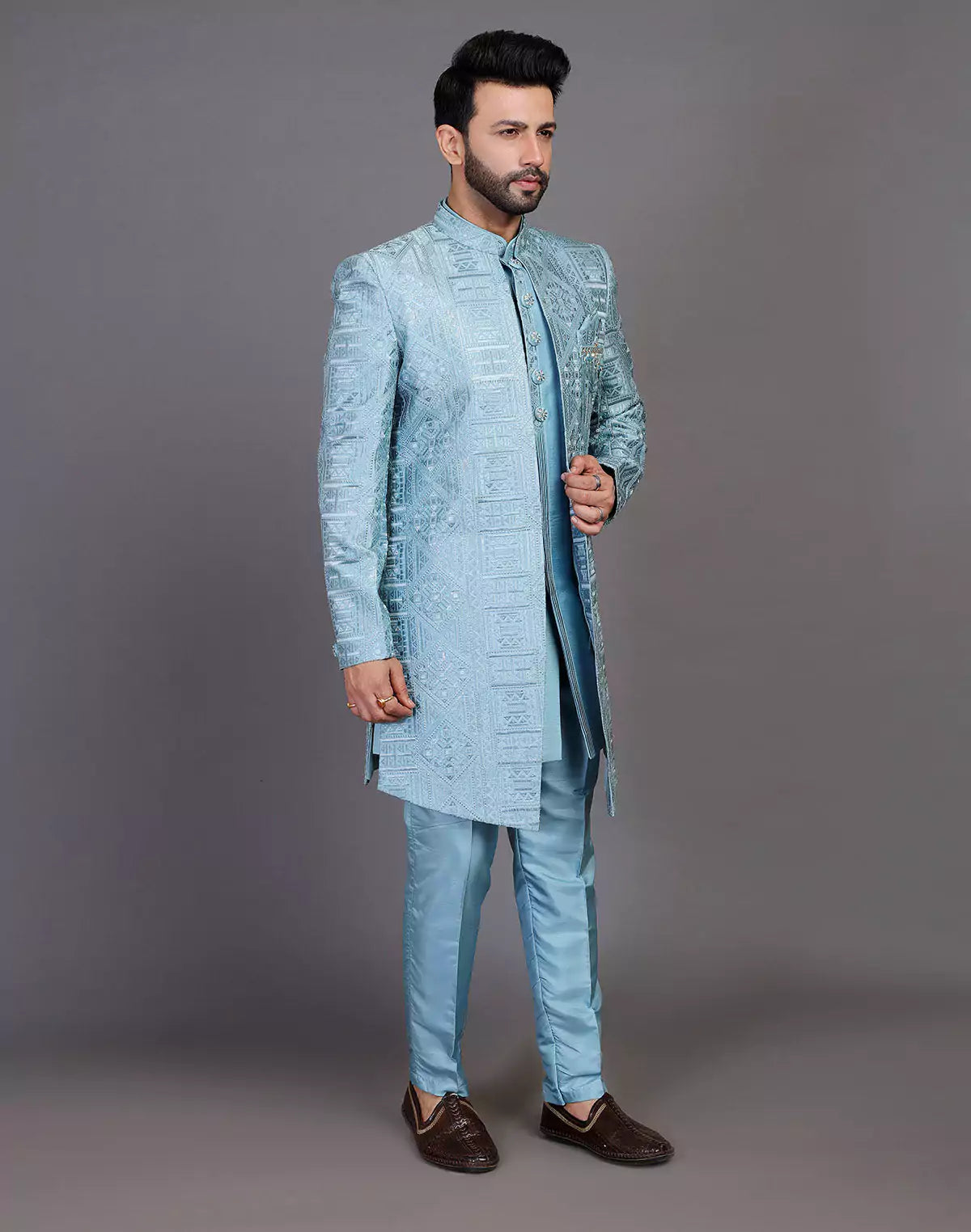 Raw Silk All Over Floral Thread Work Sky Blue Indo Open Style