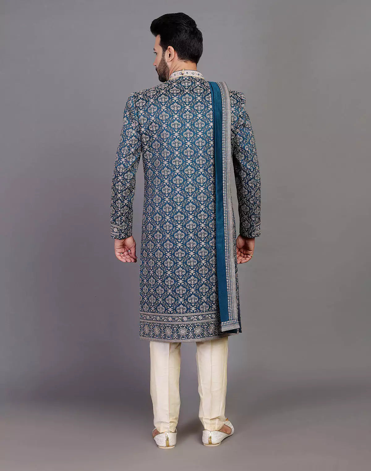 All Over Thread Embroidery Work Navy Blue Raw Silk Indo Western Set With Dupatta