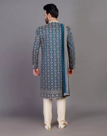 All Over Thread Embroidery Work Navy Blue Raw Silk Indo Western Set With Dupatta