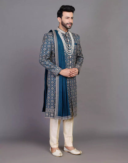 All Over Thread Embroidery Work Navy Blue Raw Silk Indo Western Set With Dupatta