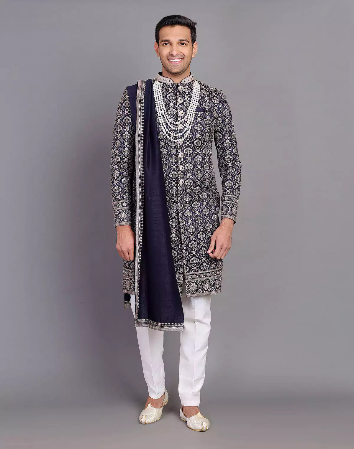 All Over Premium Thread Embroidery Work Navy Blue Raw Silk Indo Western Set With Dupatta
