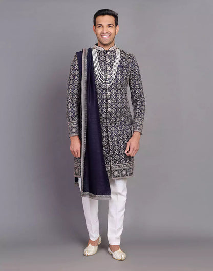 All Over Premium Thread Embroidery Work Navy Blue Raw Silk Indo Western Set With Dupatta