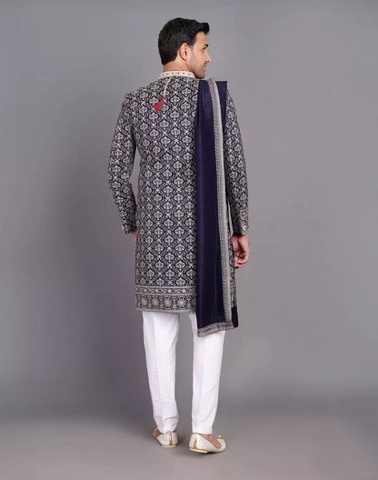 All Over Premium Thread Embroidery Work Navy Blue Raw Silk Indo Western Set With Dupatta