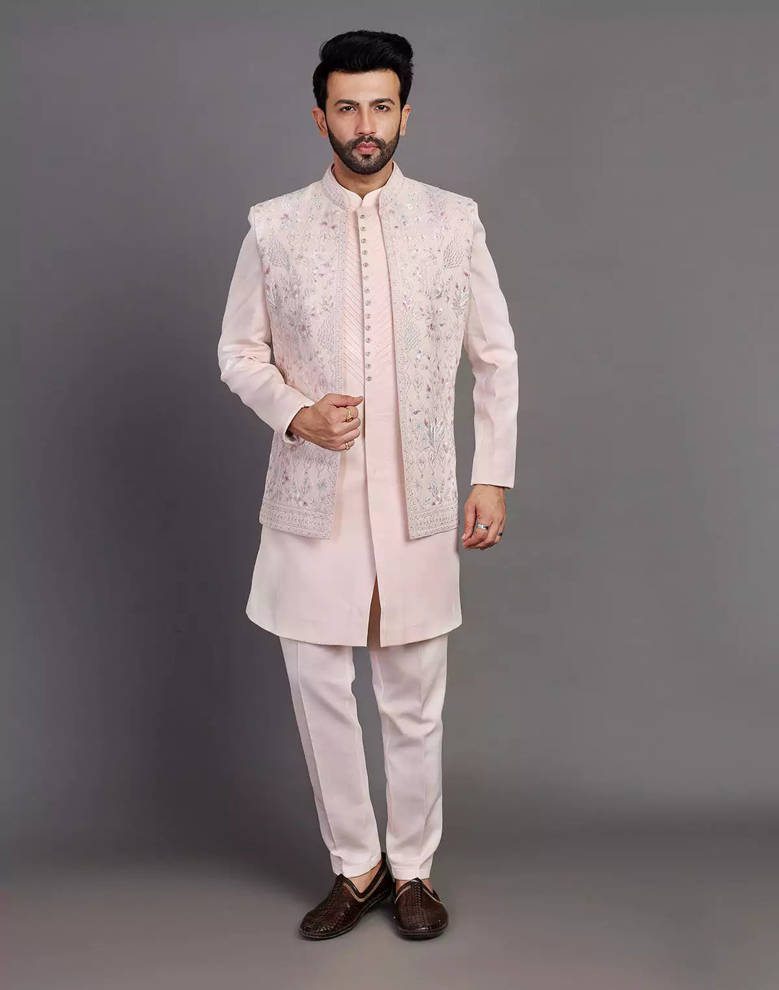 Peach Raw Silk Embroidery Work Indo Open Jacket Set