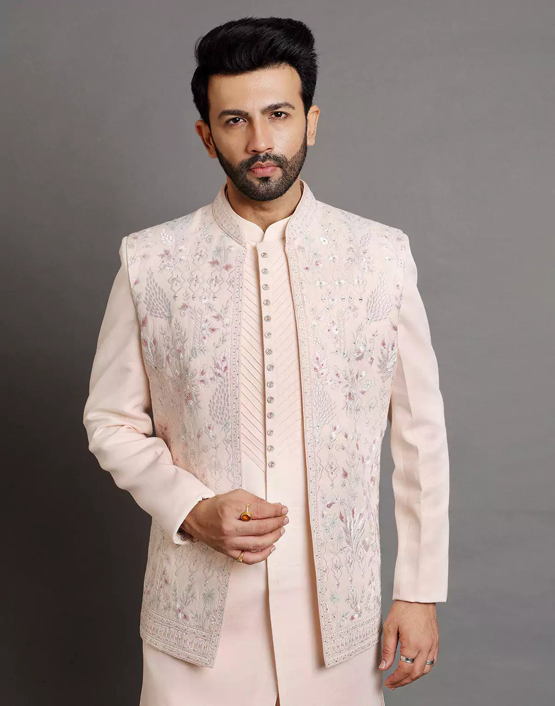 Peach Raw Silk Embroidery Work Indo Open Jacket Set