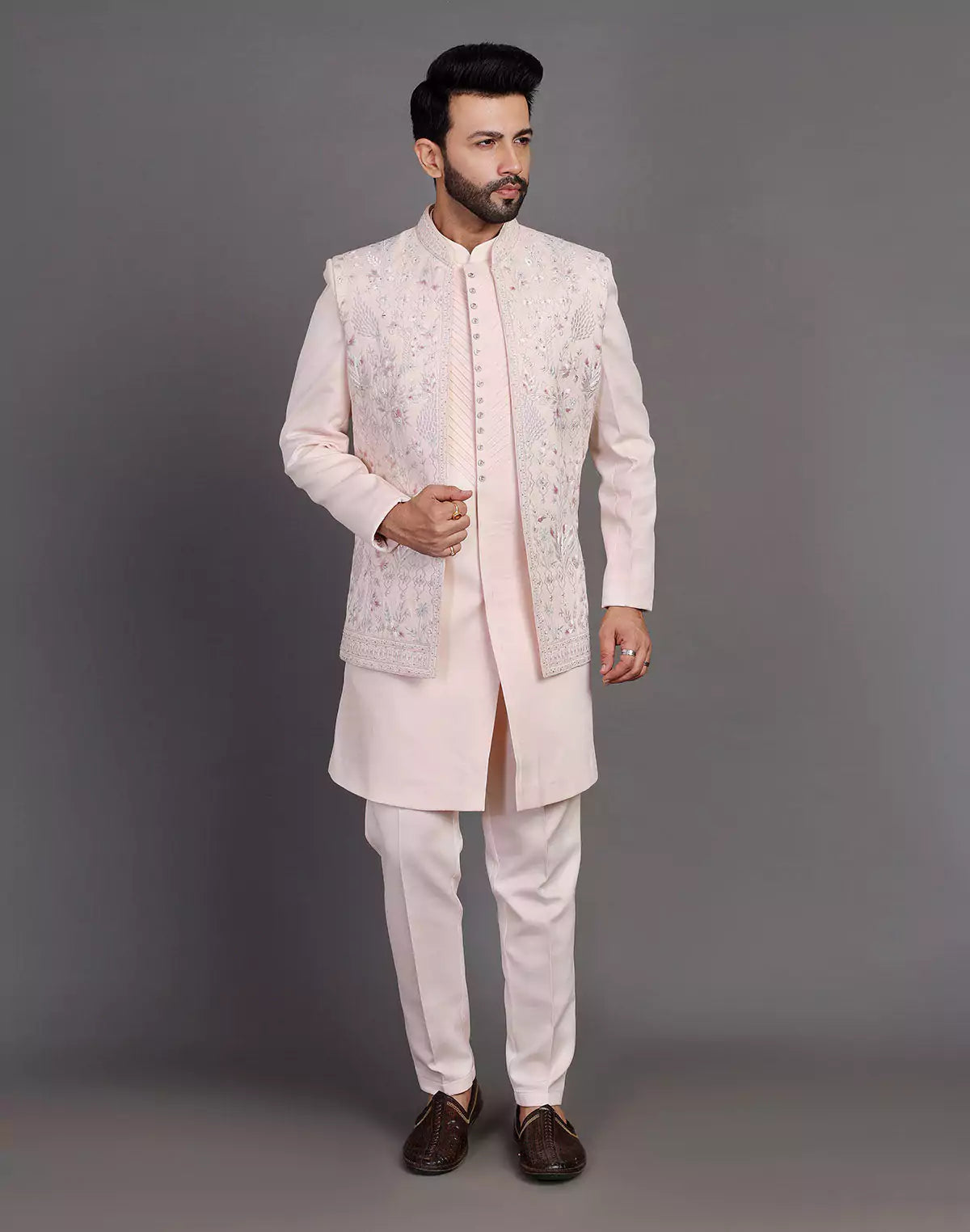 Peach Raw Silk Embroidery Work Indo Open Jacket Set
