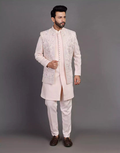 Peach Raw Silk Embroidery Work Indo Open Jacket Set