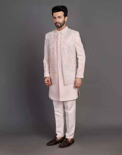 Peach Raw Silk Embroidery Work Indo Open Jacket Set