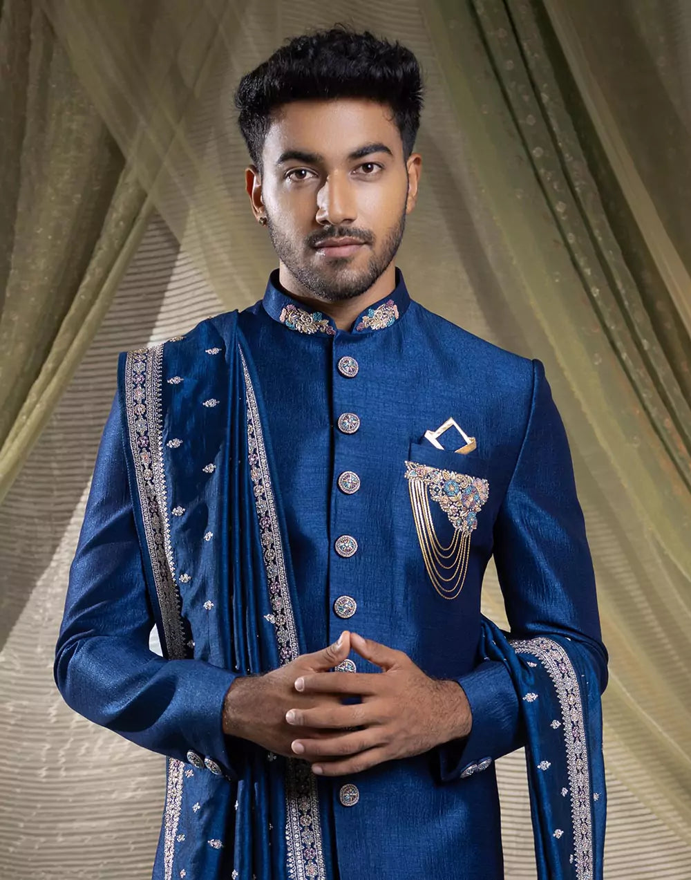 Elegant Rama Blue Soft Silk Indo Western Set With Embroidery Work Dupatta