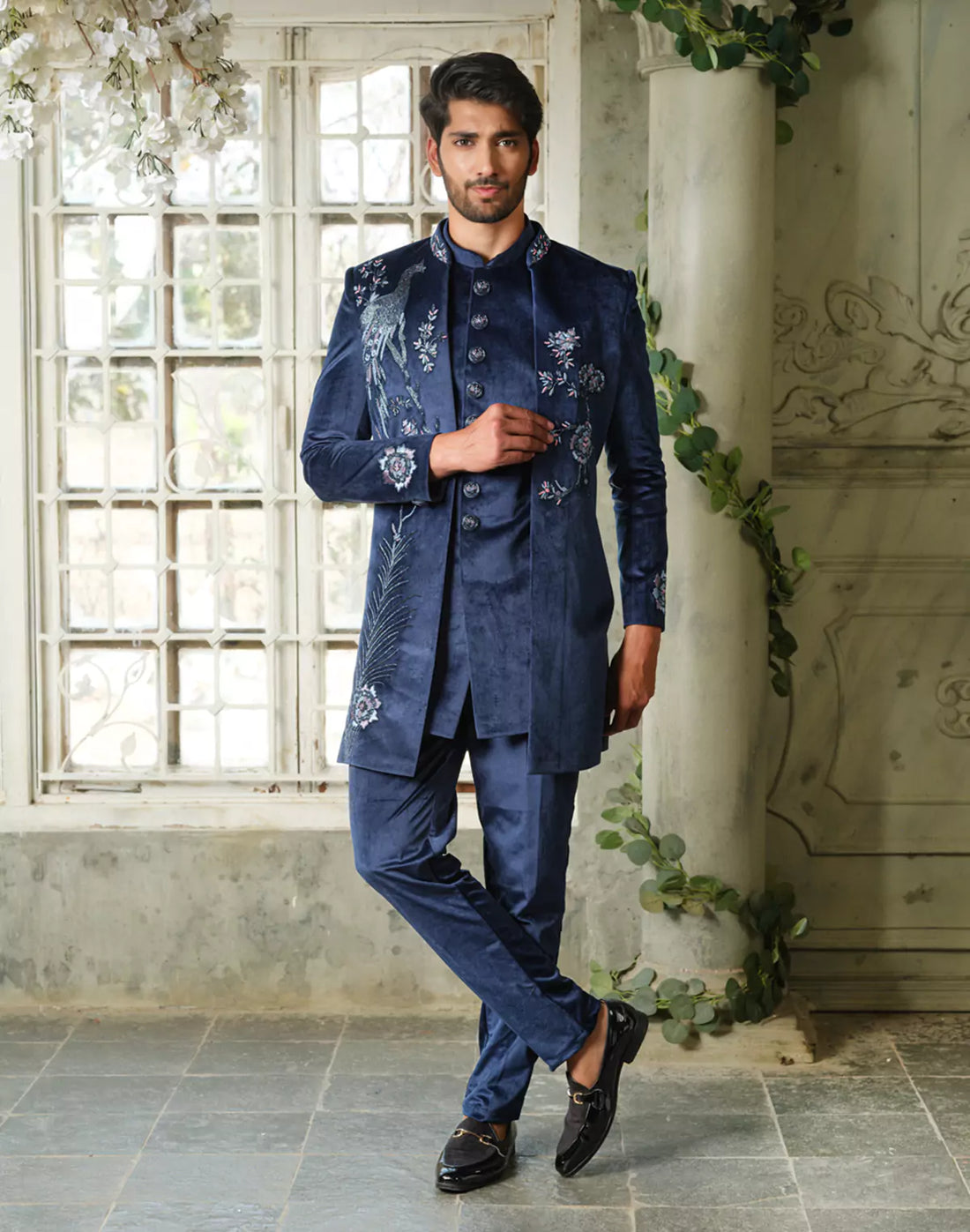 Cutdana work Velvet Peacock Style Navy Blue Indo Open Jacket