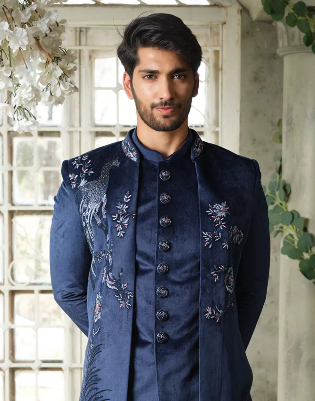 Cutdana work Velvet Peacock Style Navy Blue Indo Open Jacket