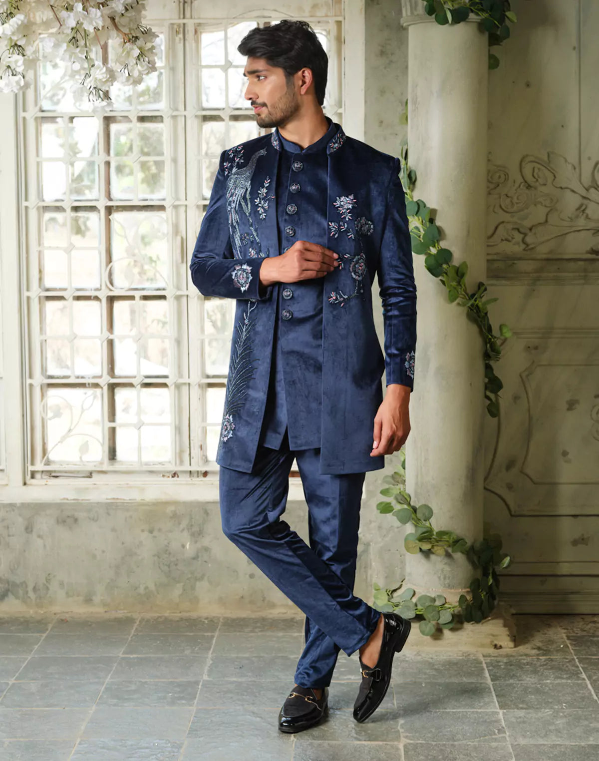 Cutdana work Velvet Peacock Style Navy Blue Indo Open Jacket