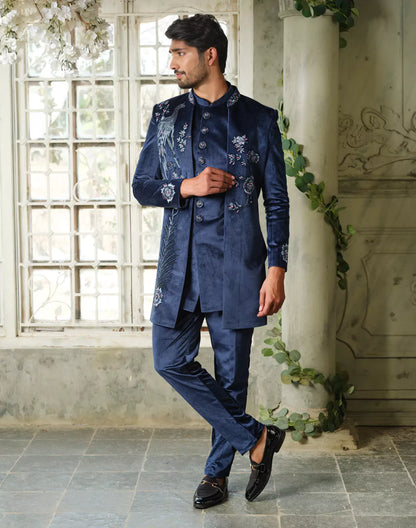 Cutdana work Velvet Peacock Style Navy Blue Indo Open Jacket