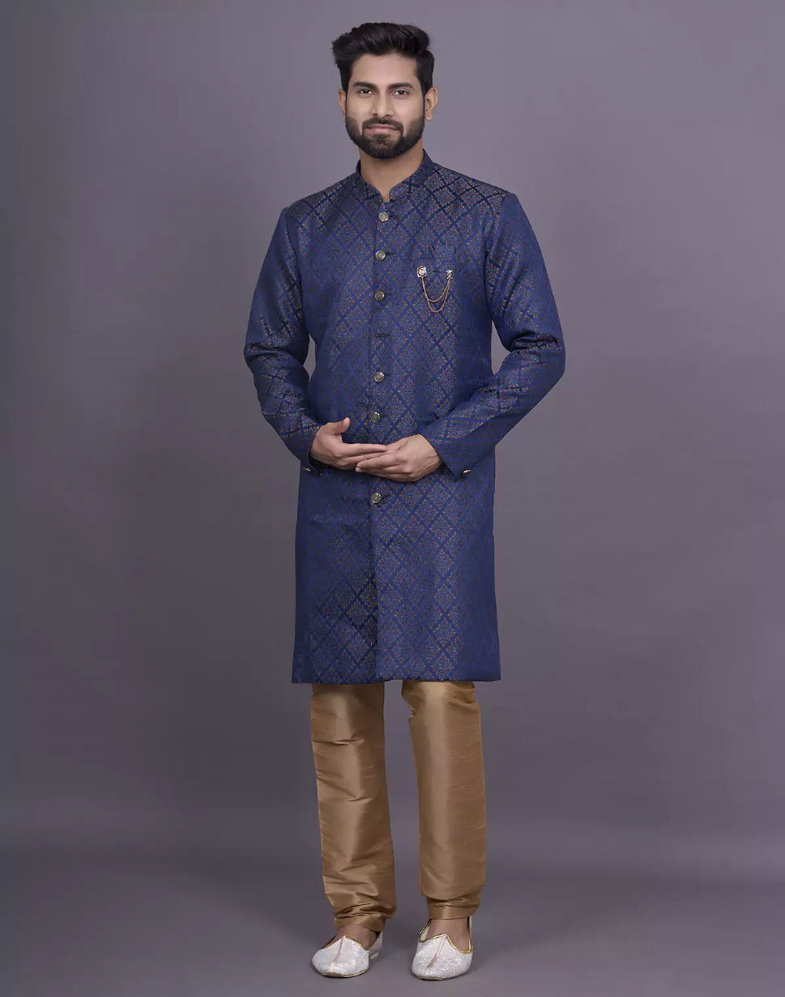 Royal Blue Self Brocade Design Jacquard  Semi-Indo Set