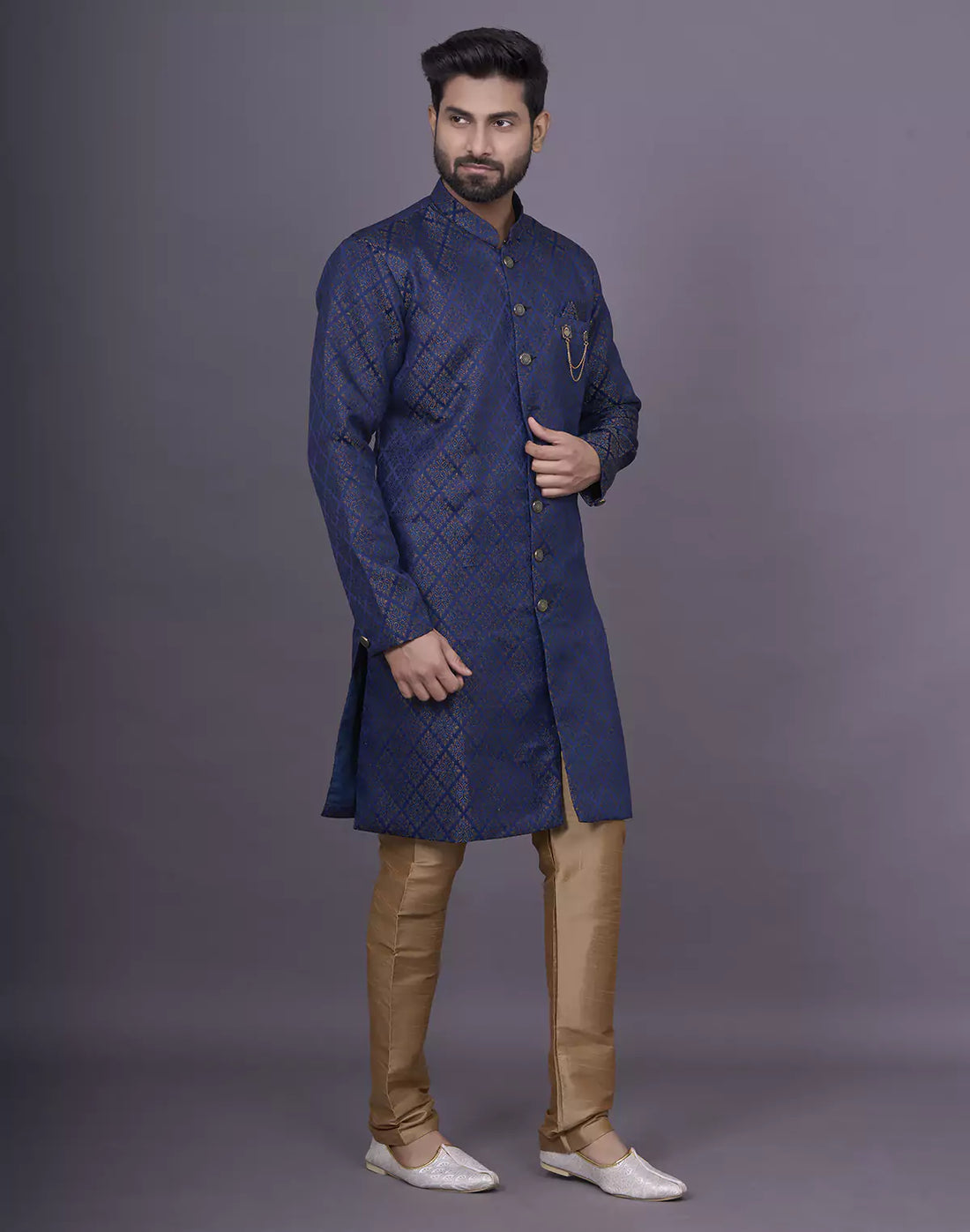 Royal Blue Self Brocade Design Jacquard  Semi-Indo Set