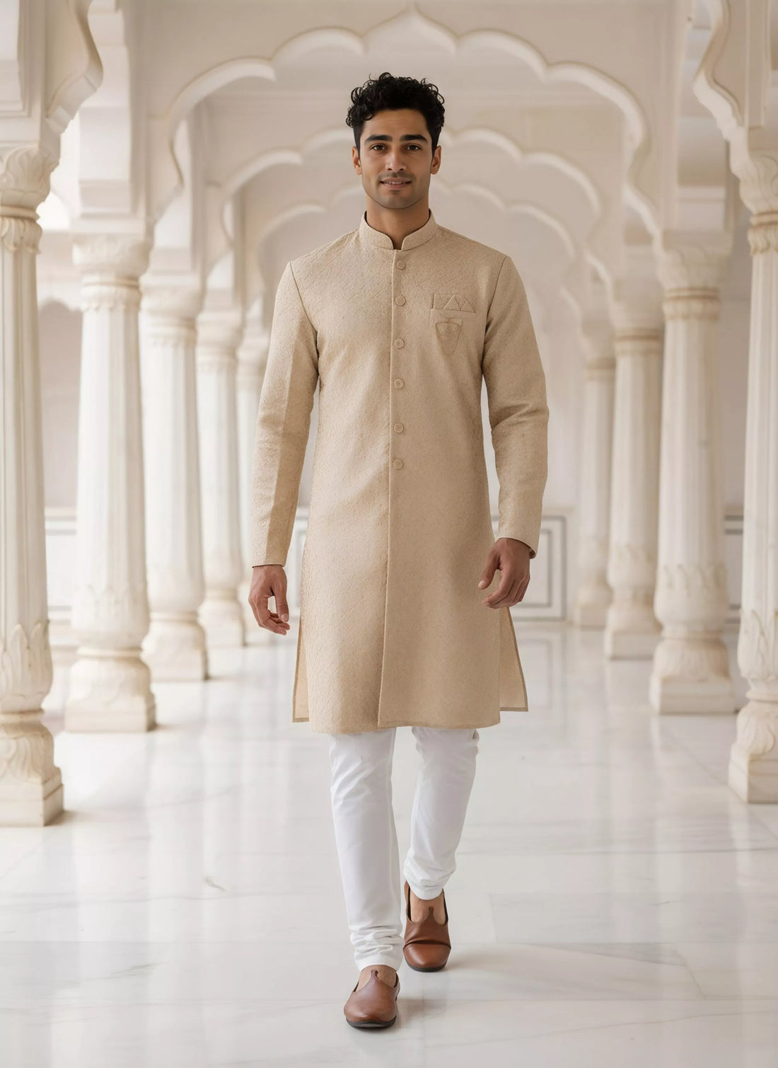 Chiku Colour Floral Thread work Cotton Silk Semi Indo