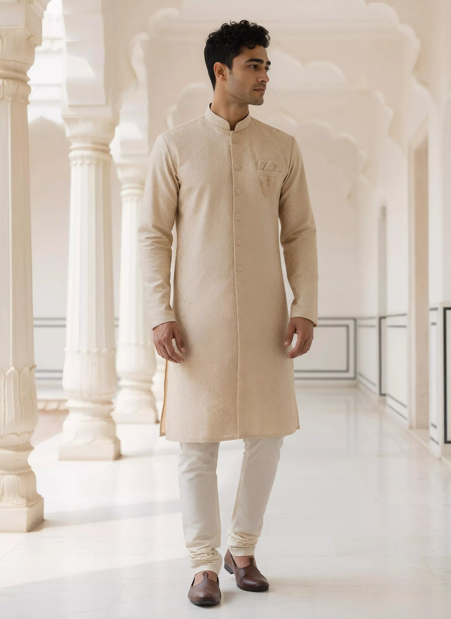 Chiku Colour Floral Thread work Cotton Silk Semi Indo