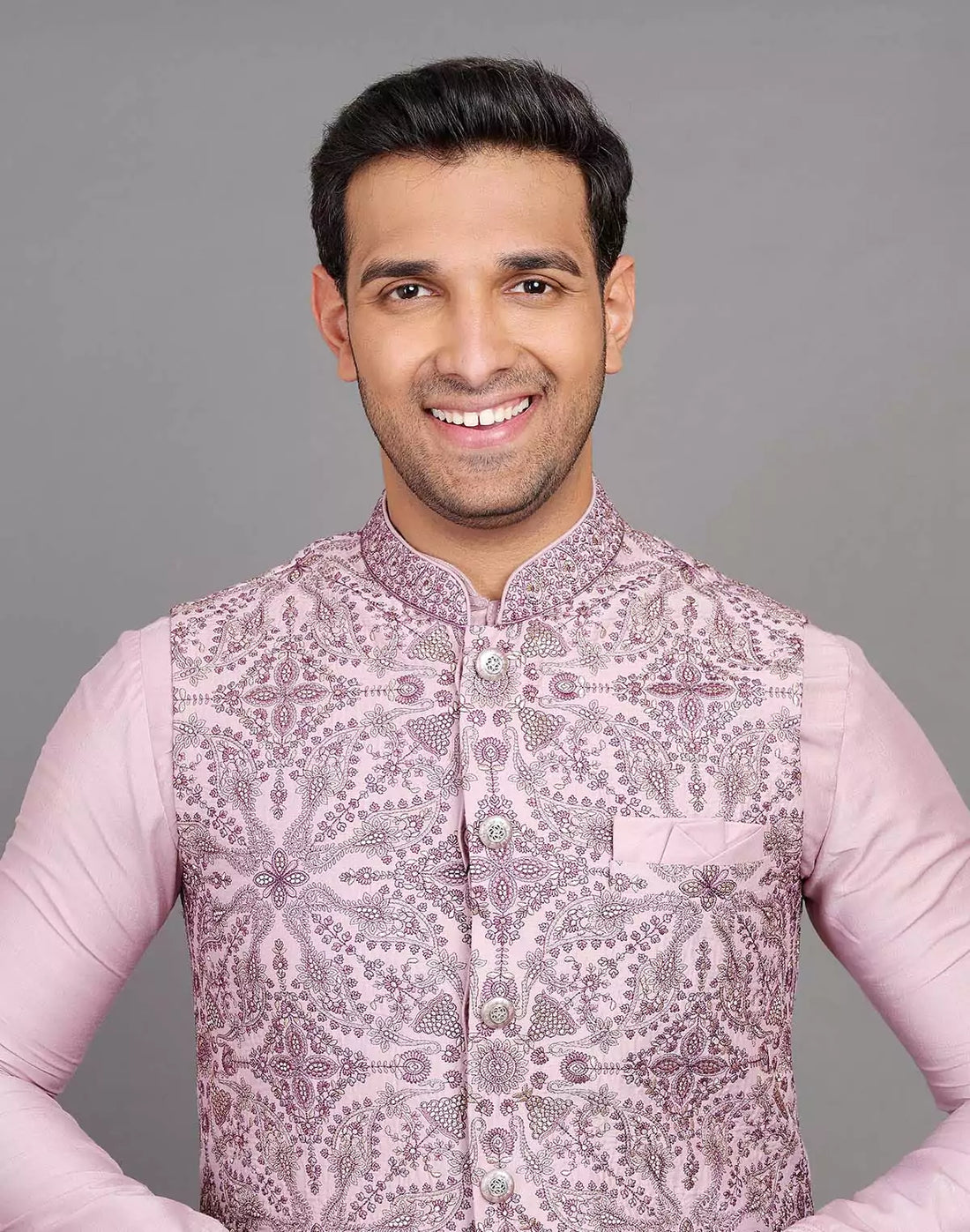 Onion All Over Floral Giza Cotton Thread Embroidery Work Kurta Jacket Set