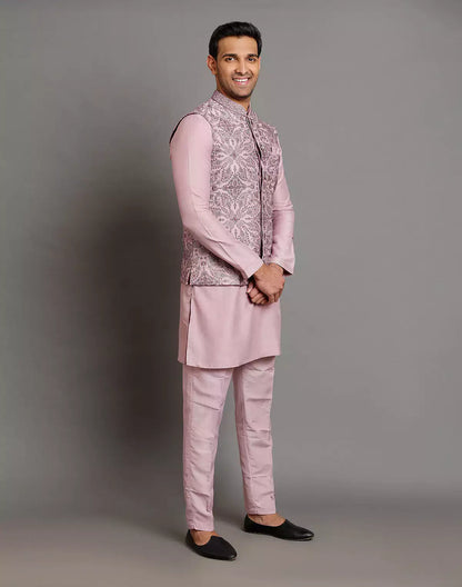 Onion All Over Floral Giza Cotton Thread Embroidery Work Kurta Jacket Set