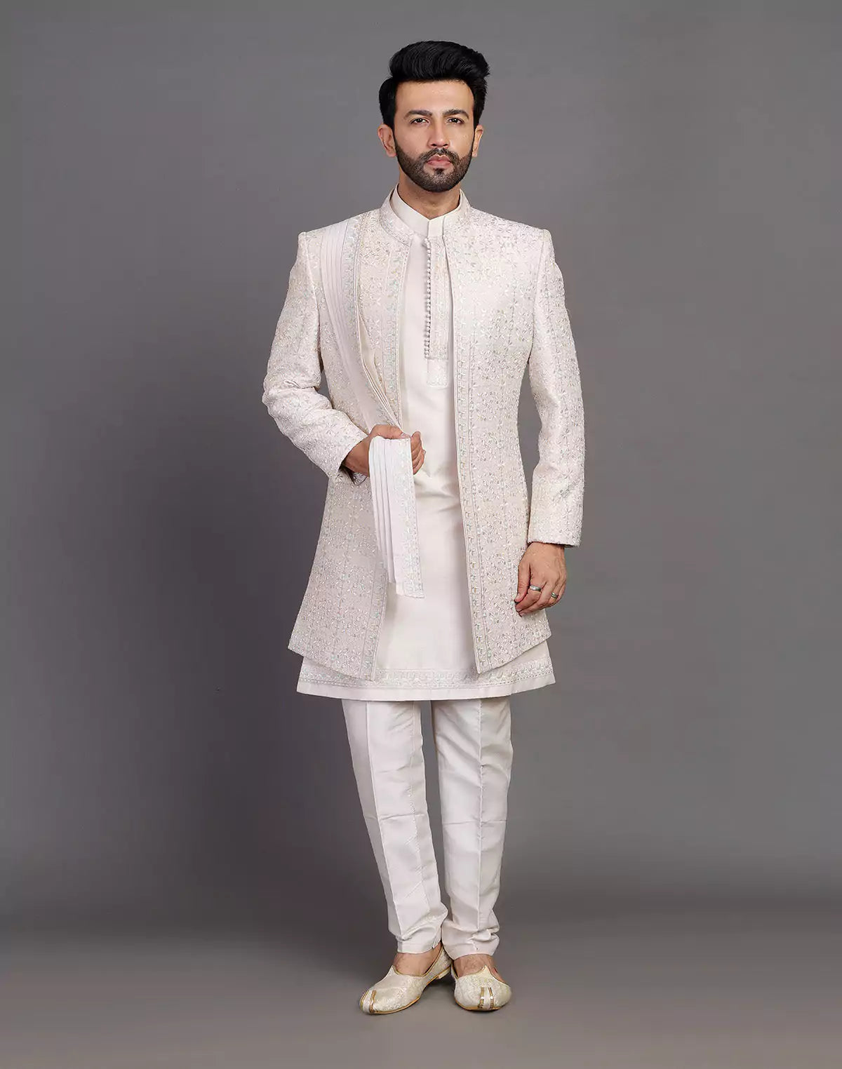 Fawn Colour Raw Silk All Over Embroidery Work Indo Open Jacket With Dupatta