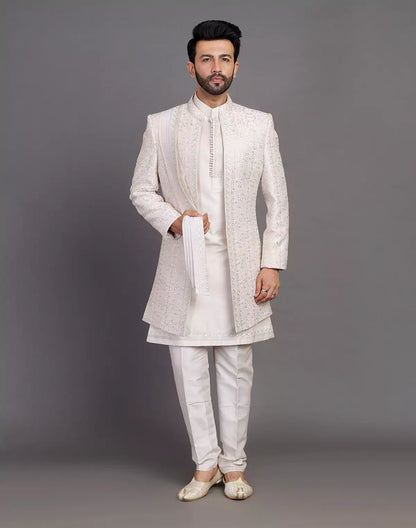 Fawn Colour Raw Silk All Over Embroidery Work Indo Open Jacket With Dupatta