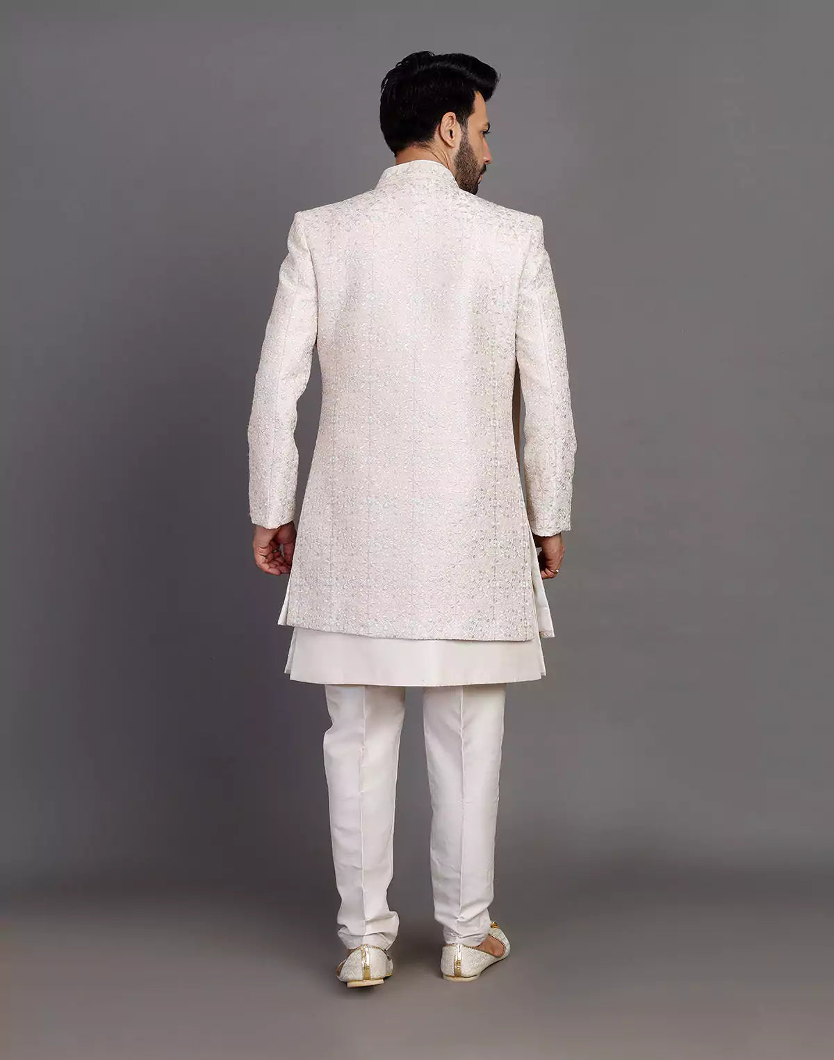 Fawn Colour Raw Silk All Over Embroidery Work Indo Open Jacket With Dupatta