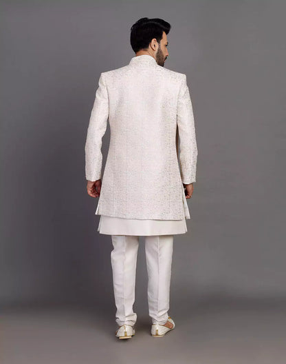 Fawn Colour Raw Silk All Over Embroidery Work Indo Open Jacket With Dupatta