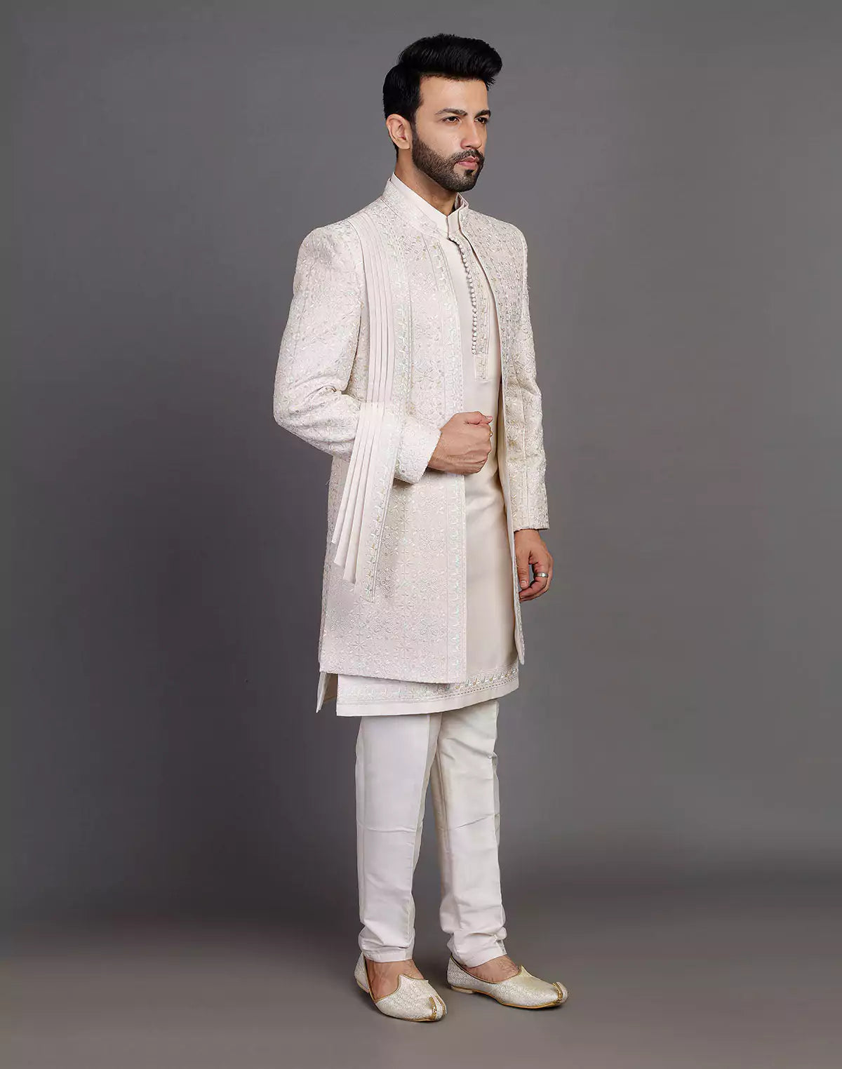 Fawn Colour Raw Silk All Over Embroidery Work Indo Open Jacket With Dupatta
