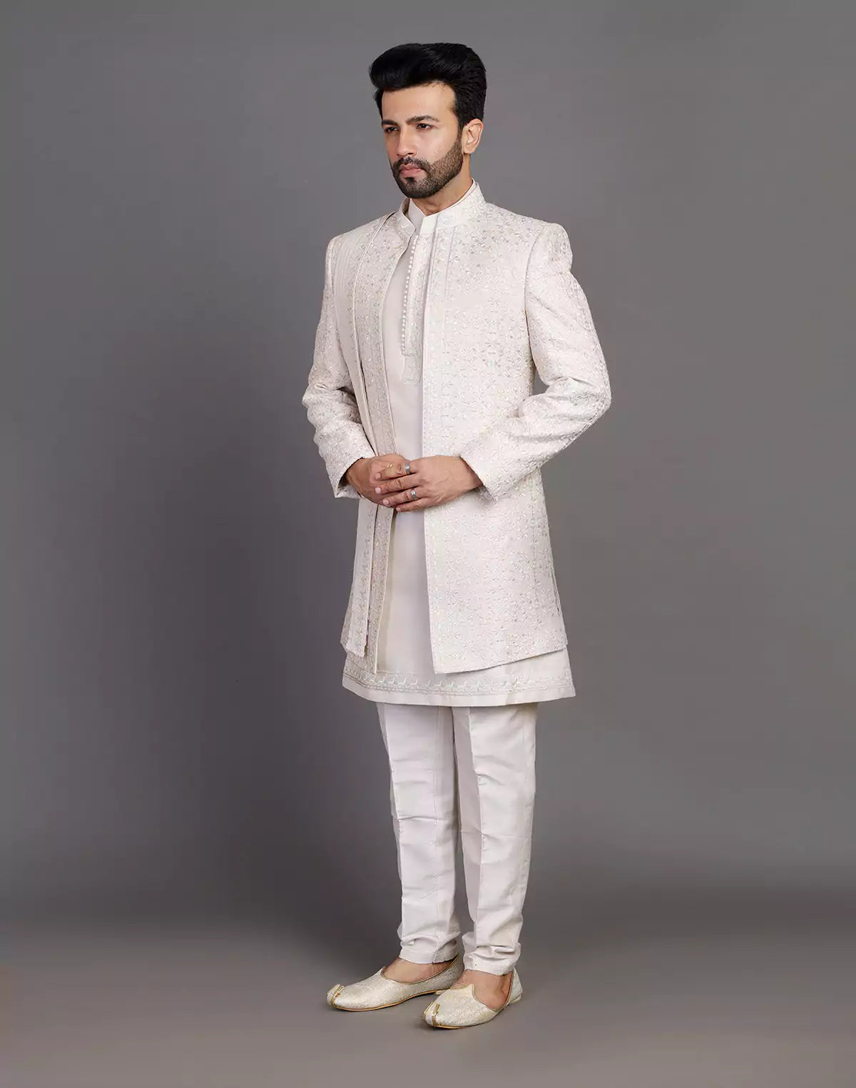 Fawn Colour Raw Silk All Over Embroidery Work Indo Open Jacket With Dupatta
