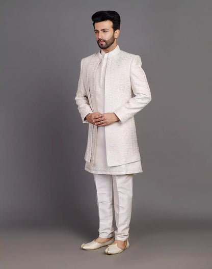 Fawn Colour Raw Silk All Over Embroidery Work Indo Open Jacket With Dupatta