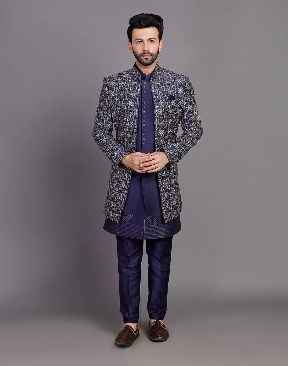 Navy Blue Floral Raw Silk Embroidery Work Open Jacket Style