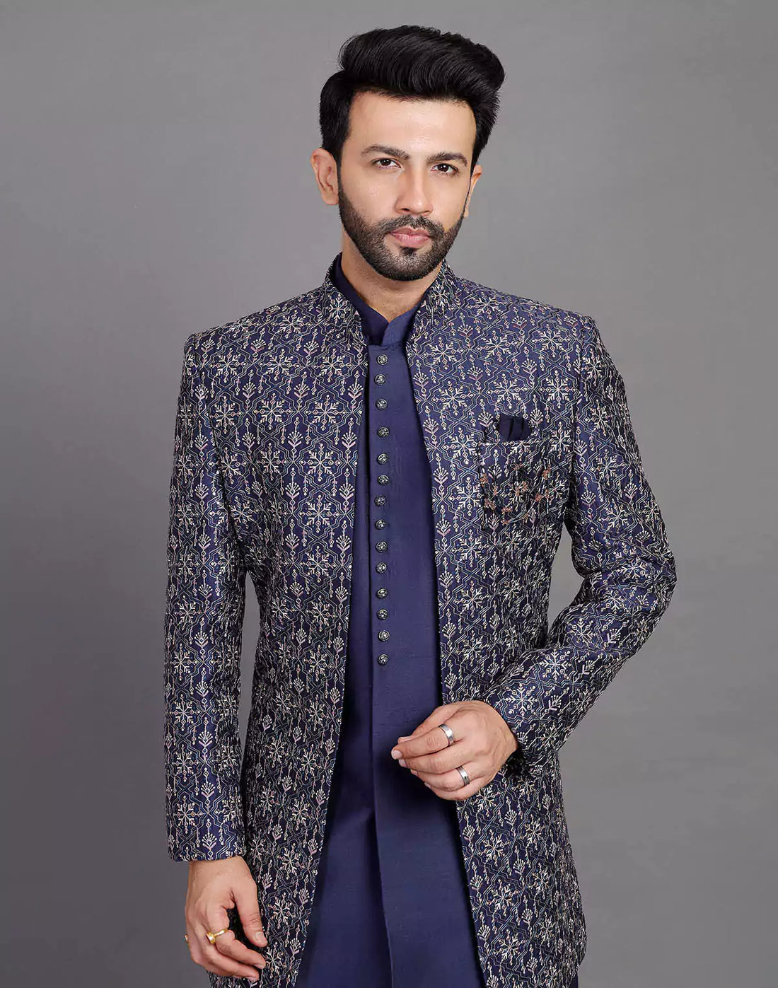 Navy Blue Floral Raw Silk Embroidery Work Open Jacket Style