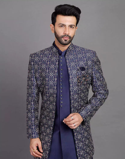 Navy Blue Floral Raw Silk Embroidery Work Open Jacket Style