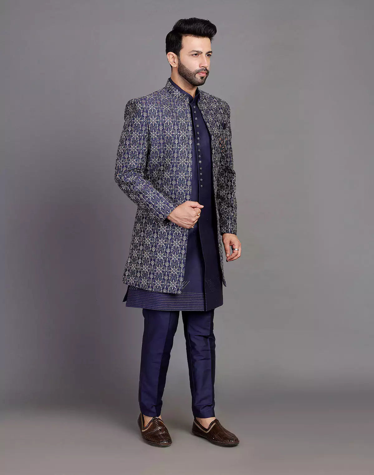 Navy Blue Floral Raw Silk Embroidery Work Open Jacket Style