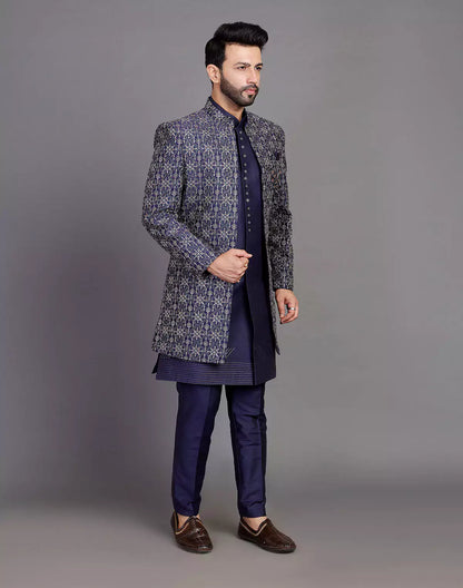 Navy Blue Floral Raw Silk Embroidery Work Open Jacket Style