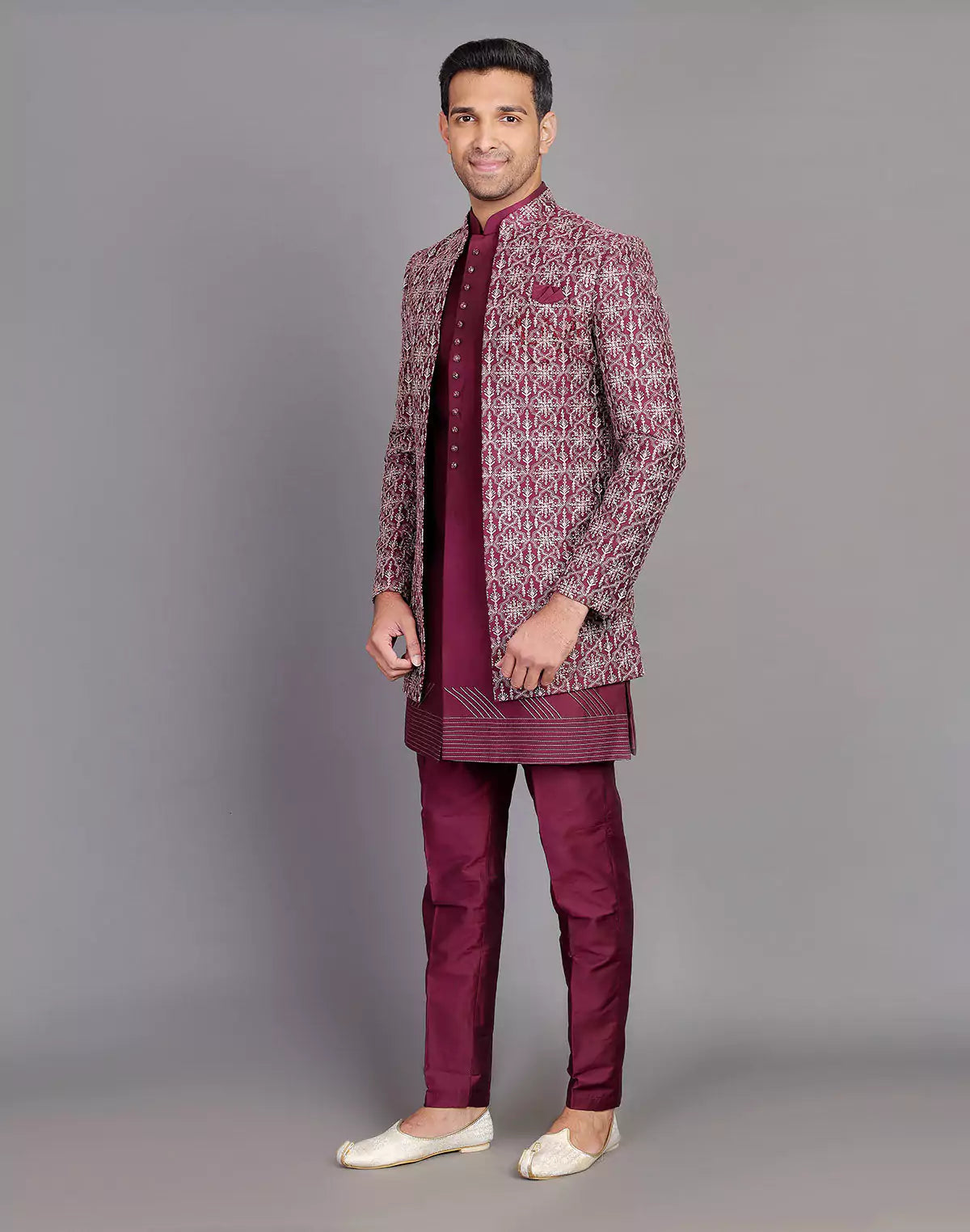 Beautiful Wine Coloured Floral Design Raw Silk Embroidery Work Indo-open Jacket