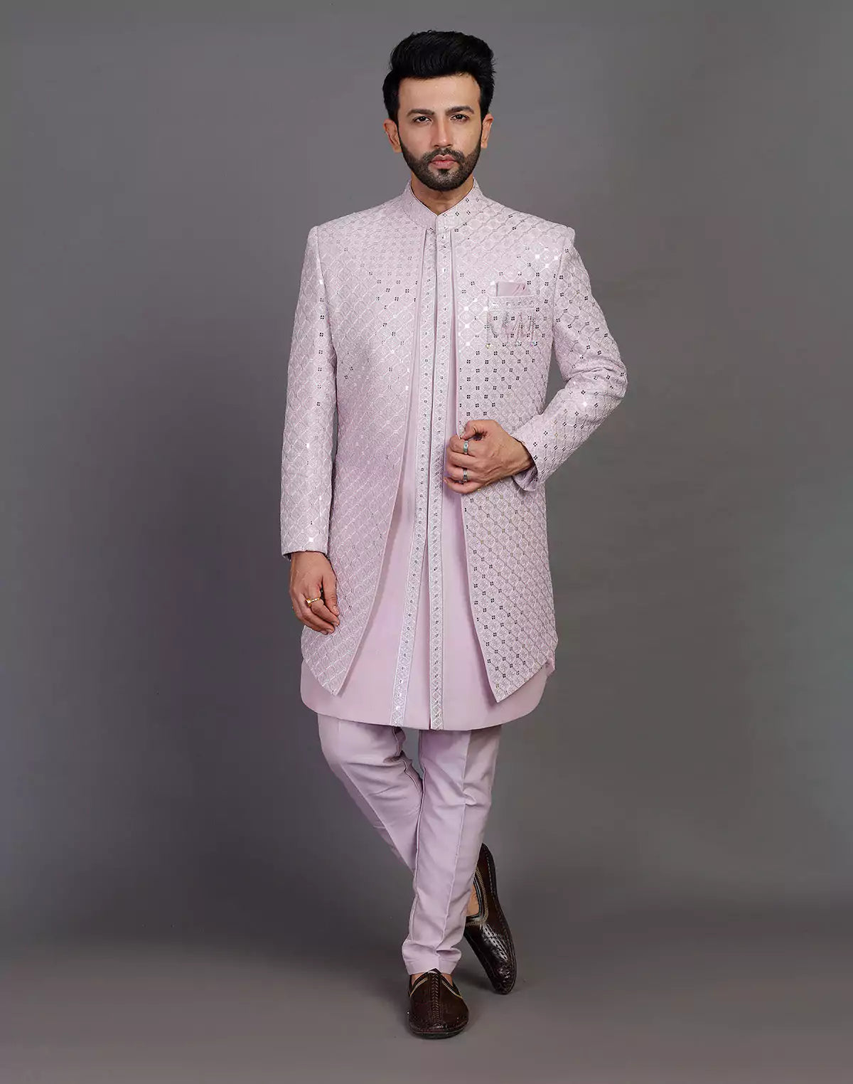 Self Thread With Sequence Work Raw Silk Indo Open Jacket Set