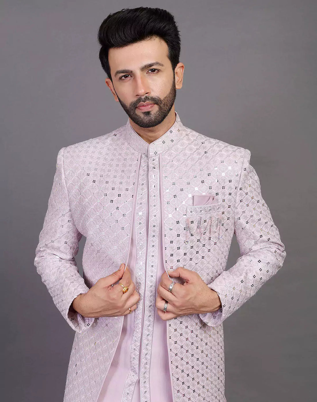 Self Thread With Sequence Work Raw Silk Indo Open Jacket Set