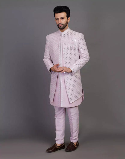 Self Thread With Sequence Work Raw Silk Indo Open Jacket Set