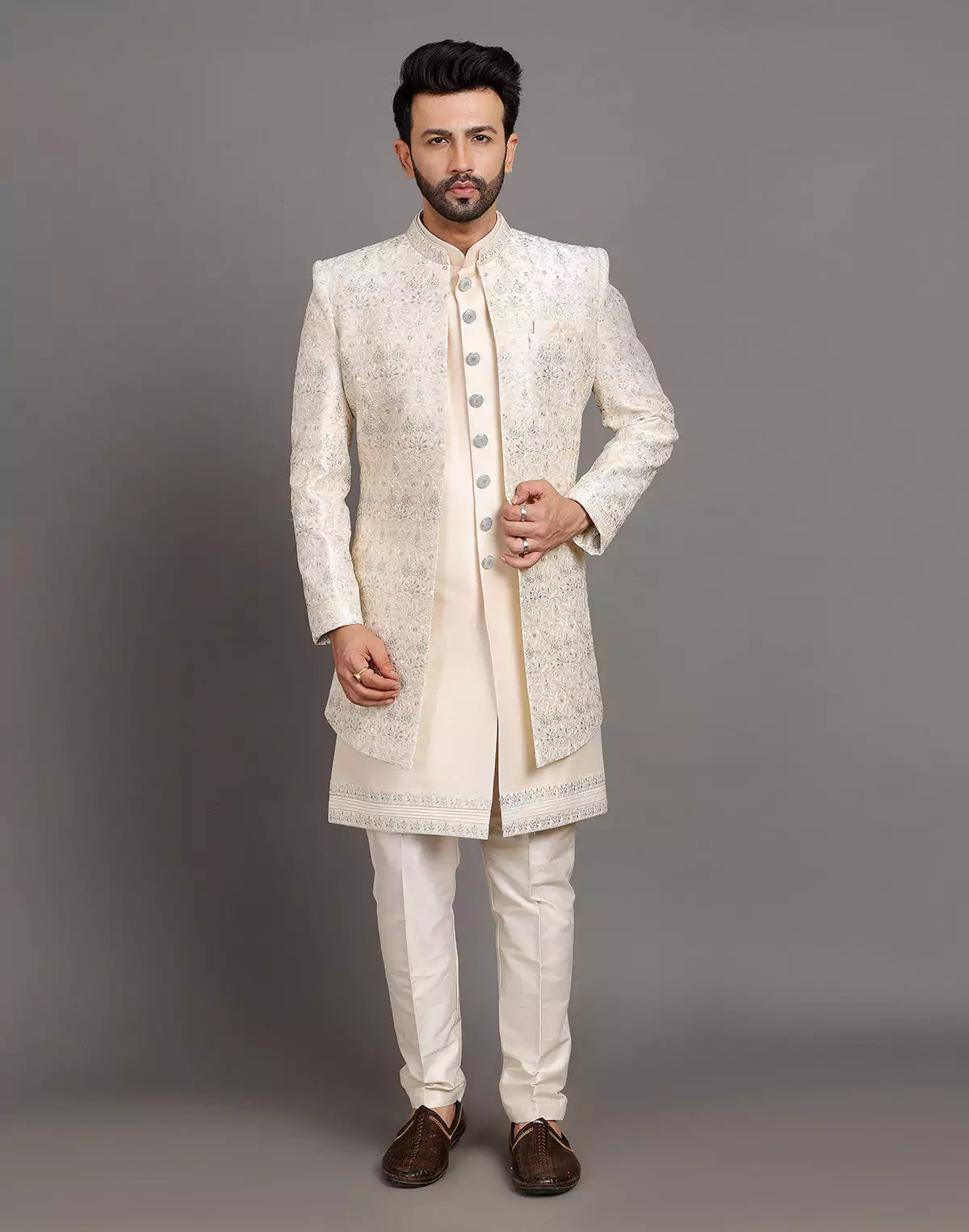 Elegant Cream Color Raw Silk Embroidery Work Indo-open Jacket Set