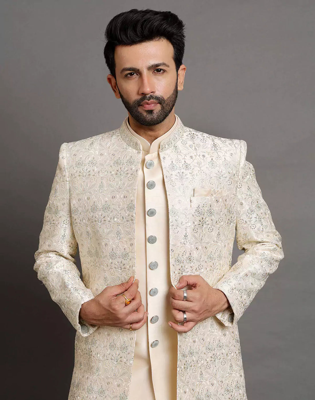Elegant Cream Color Raw Silk Embroidery Work Indo-open Jacket Set