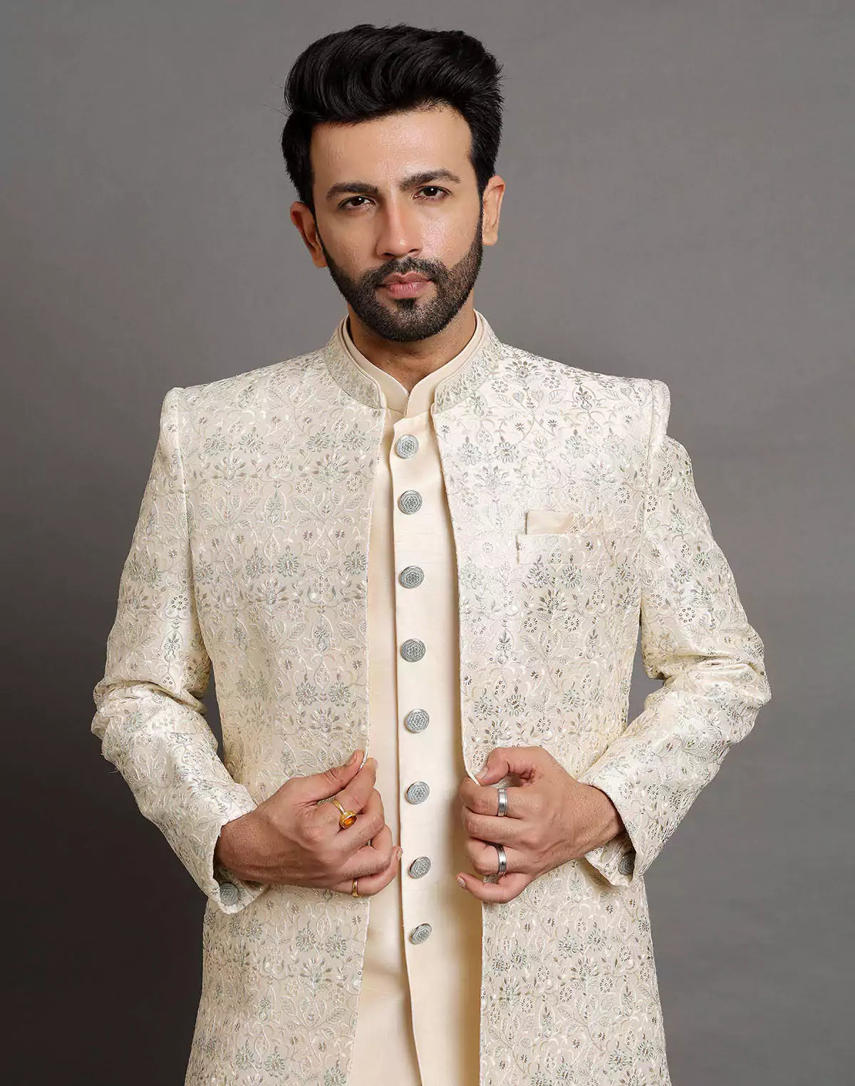 Elegant Cream Color Raw Silk Embroidery Work Indo-open Jacket Set